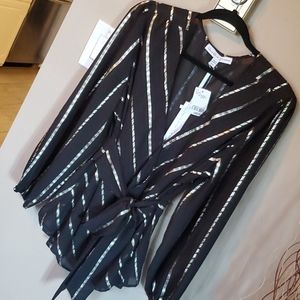 Beautiful Metallic Gold Striped Black Wrap Blouse